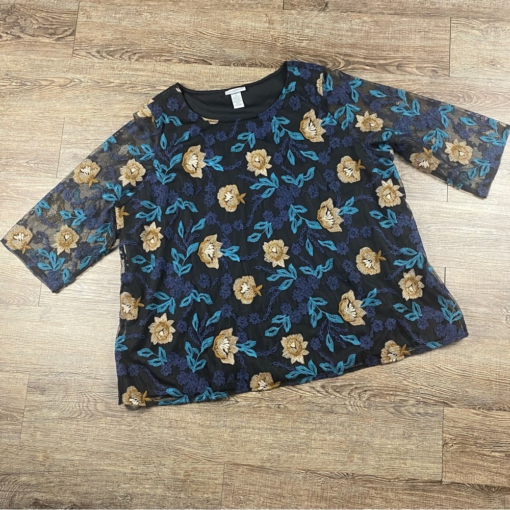 Catherines Shirt Women 2X Black Blue Lace Floral Sheer 3/4 Sleeve Nylon Lined
